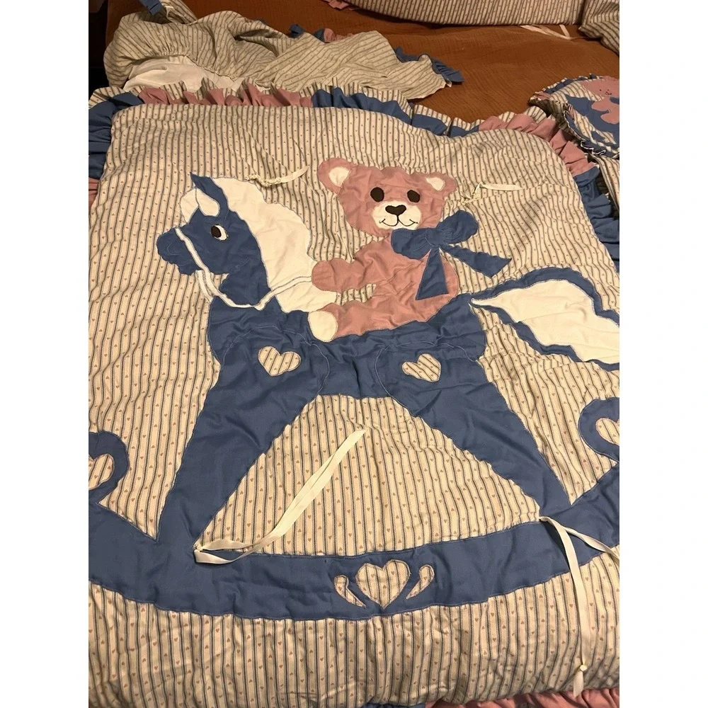 VTG Teddy Bear Rocking Horse Baby Crib Bedding Set Ruffle Trim Complete Hearts
